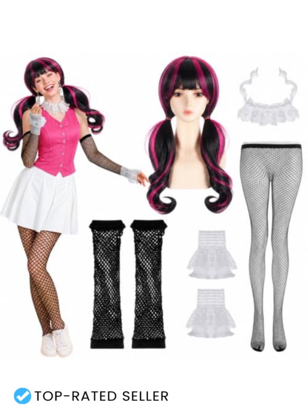 7 Pc Halloween Costume Set Ponytail Wig Lace Collar Fishnet Gloves Party